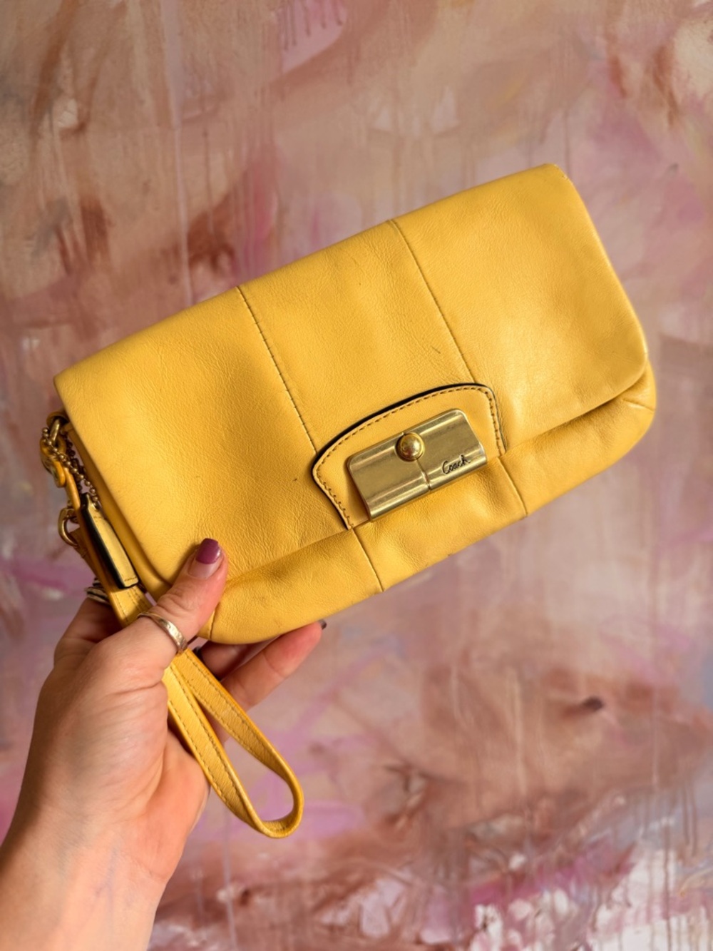 Yellow Coach Leather Wristlet Clutch